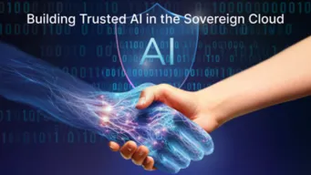 Human hand and AI hand shaking. OpenText building trusted AI in the Sovereign Cloud