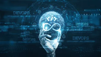 a ghostlile AI hand holds up a protected sphere with devops infinity loop inside, indicating modern devops is a devops platform for the AI era