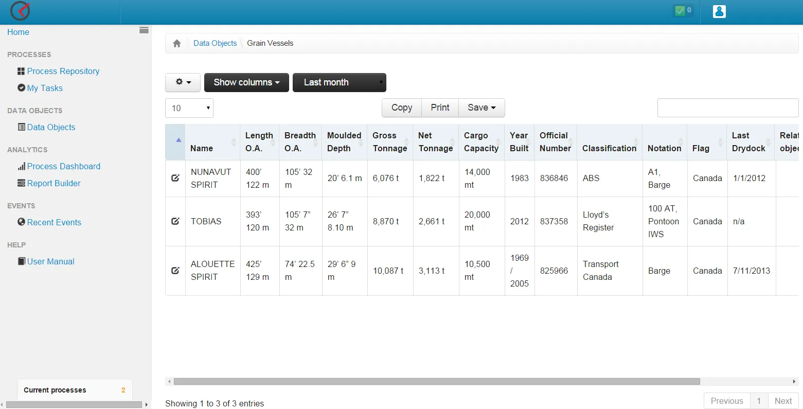 List of Vessel records in ProcessMate