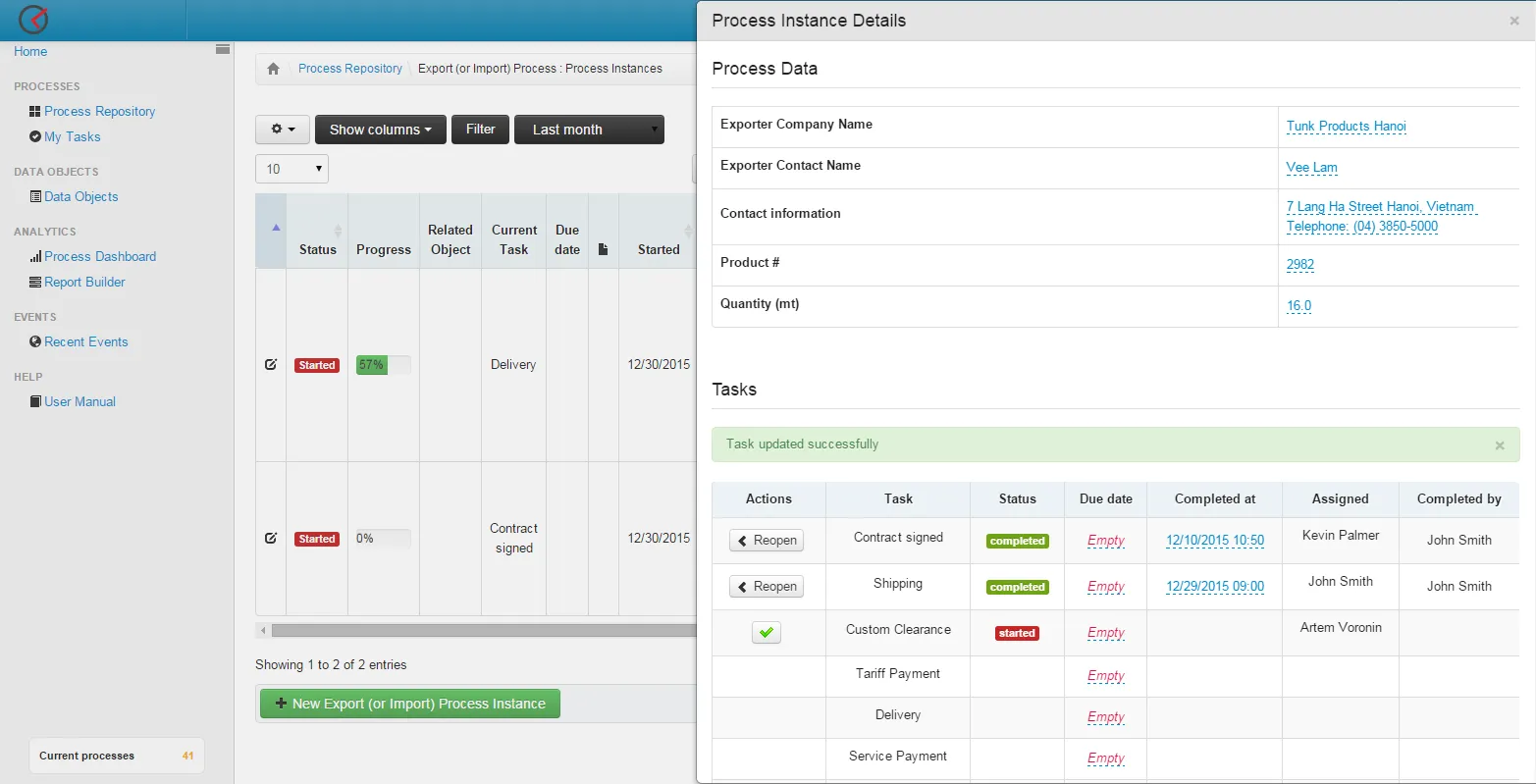 Screenshot of individual export/import processes. At the top - parameters of the process. Bottom - list of tasks with statuses, responsible users, etc.