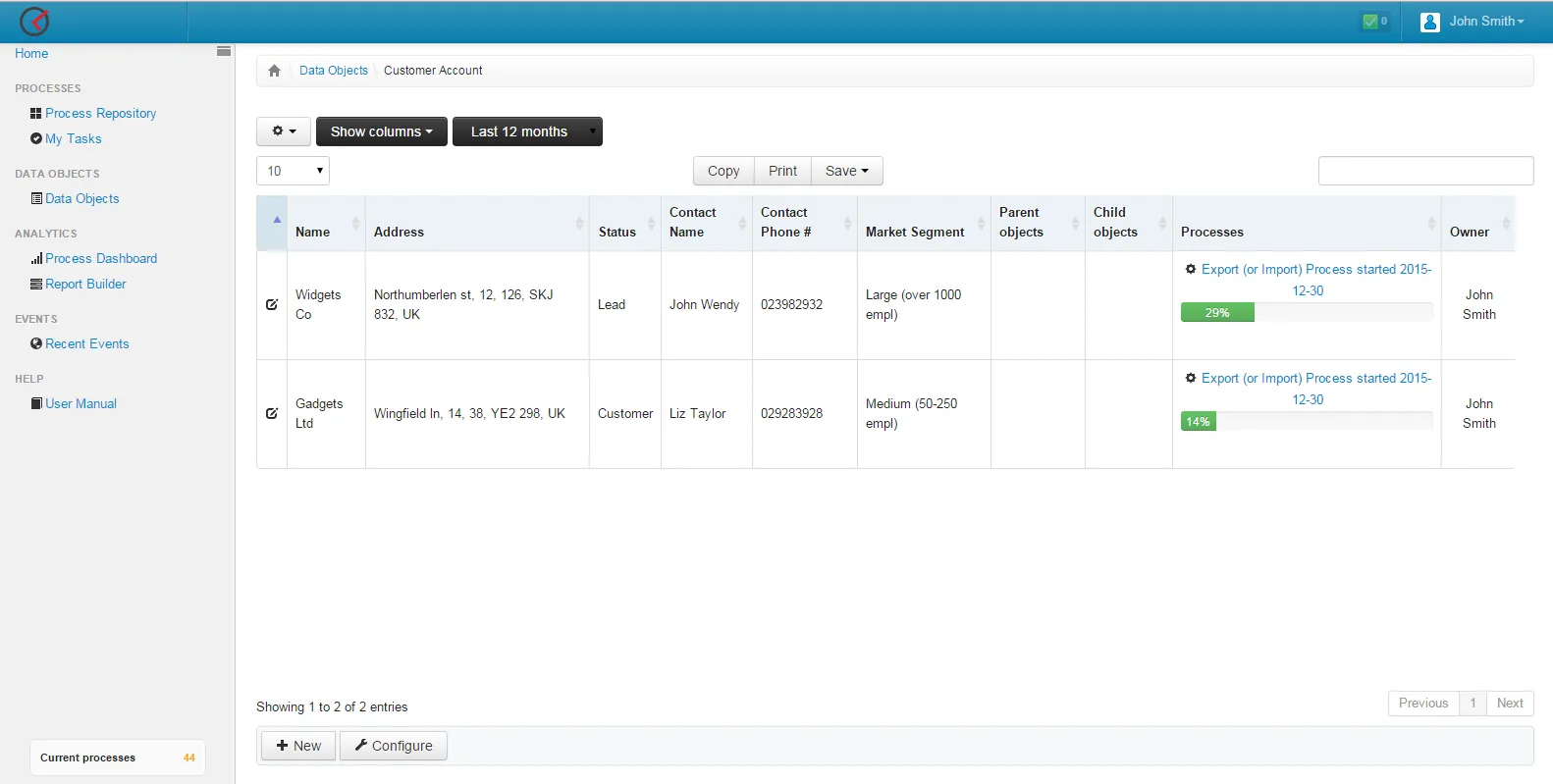 View of records of Individual Customers with information of related Export processes