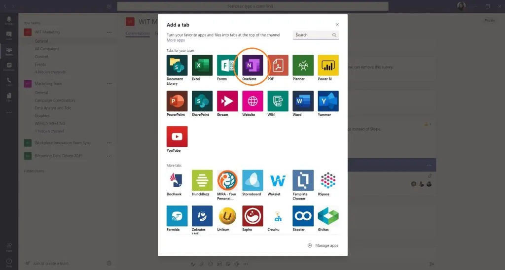 Adding OneNote in Microsoft Teams