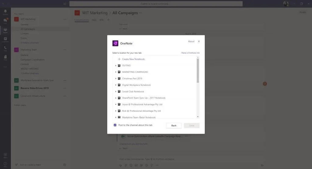 Adding OneNote in Microsoft Teams