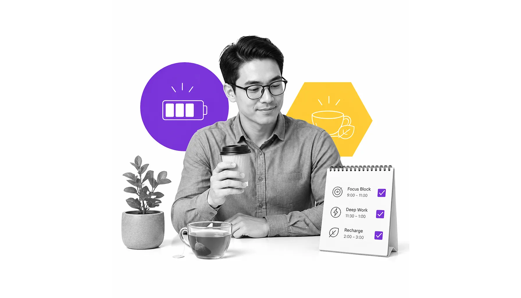 Balanced coffee and tea setup for steady work energy