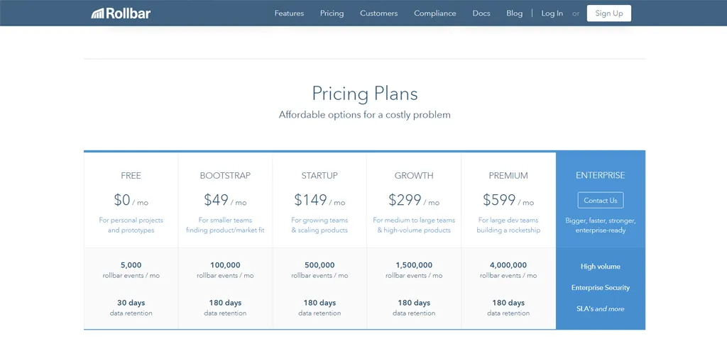 best home page - rollbar pricing element