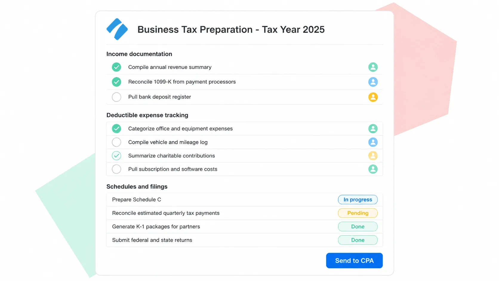 Business tax preparation checklist UI with income documentation, deductible expense, and schedules and filings sections