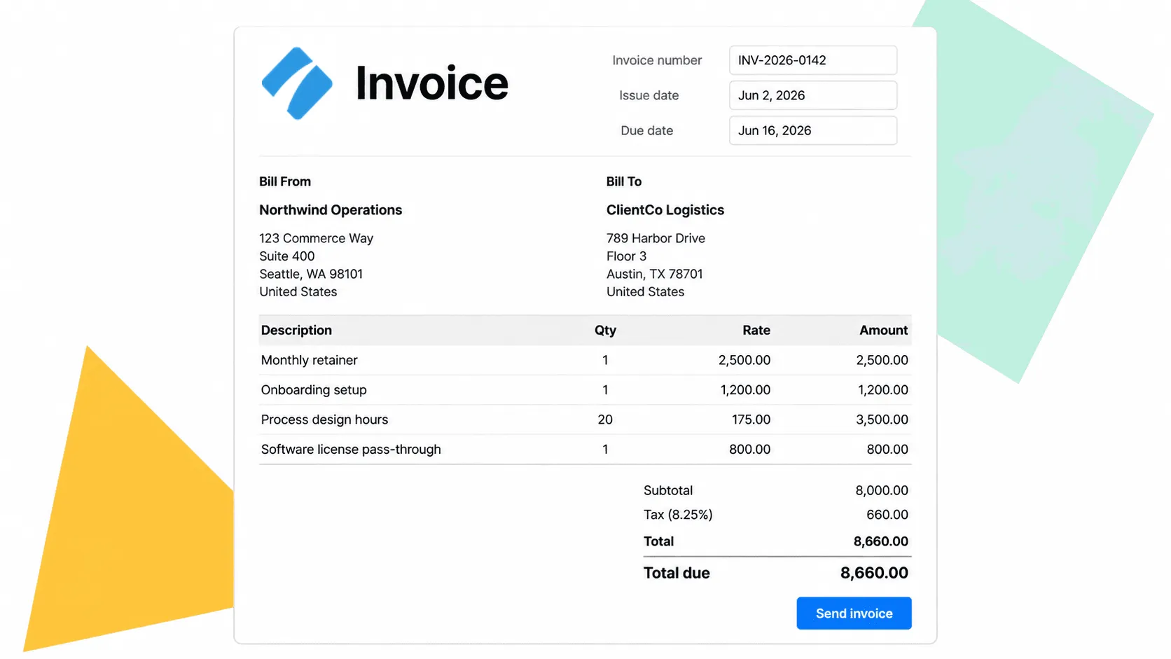 Invoice template UI with bill-from, bill-to, line items, totals, and a Send invoice button