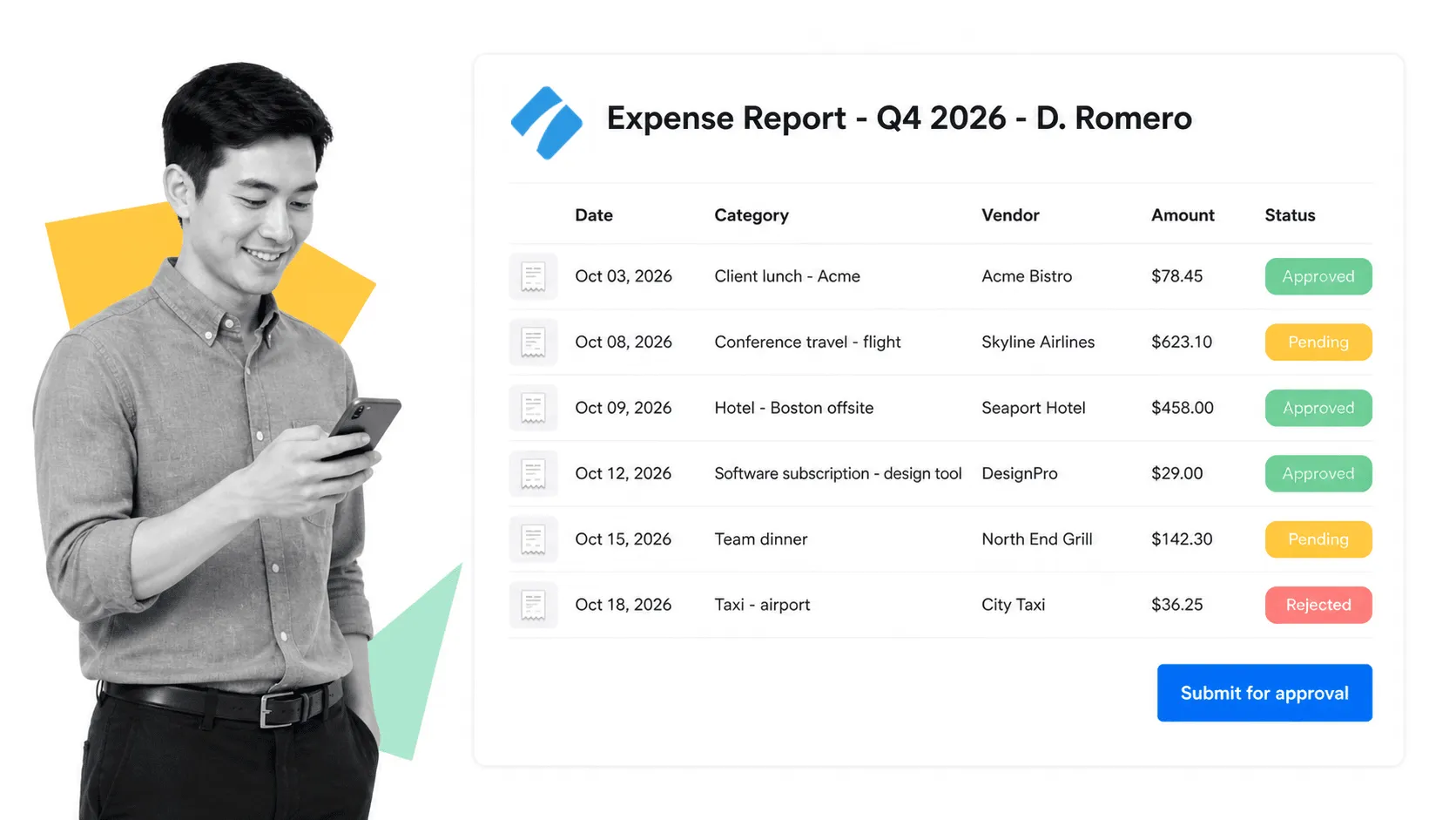 Expense report UI with itemized expense rows, category, vendor, amount, and approval status chips