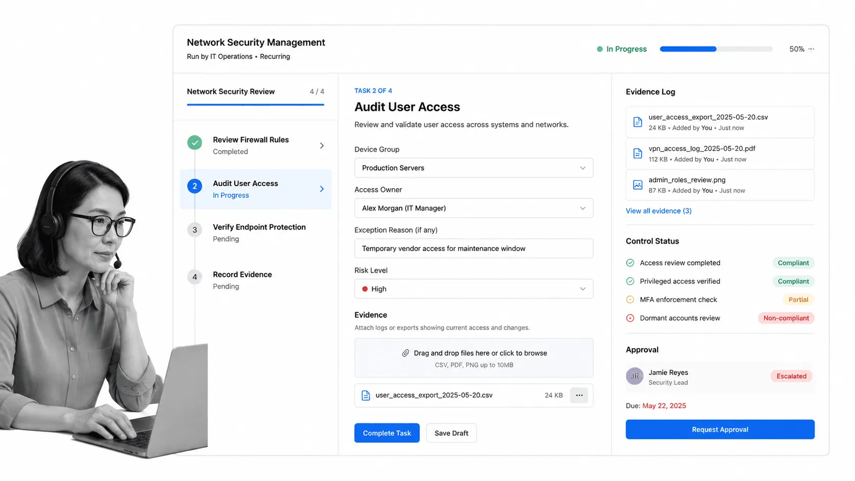 Process Street workflow screen for Network Security Management