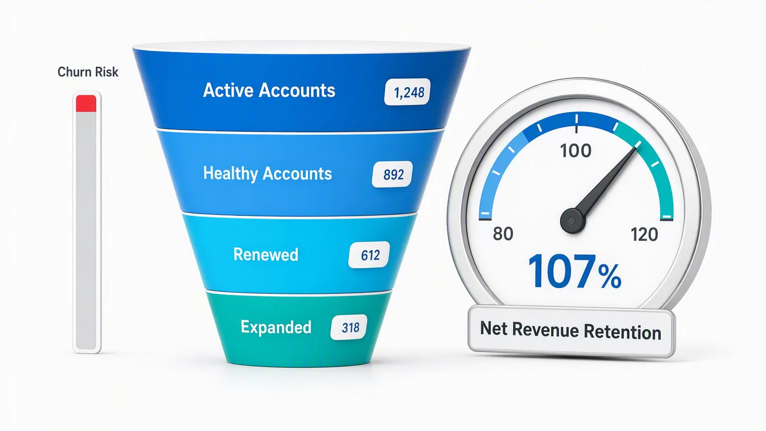 A narrowing four band funnel labeled Active Accounts, Healthy Accounts, Renewed and Expanded beside a round needle gauge reading Net Revenue Retention and a churn risk bar
