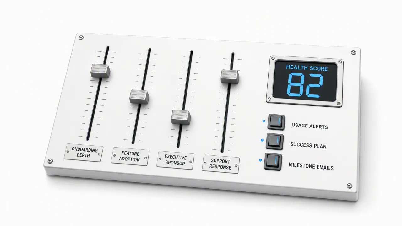 A control console with four sliders labeled Onboarding Depth, Feature Adoption, Executive Sponsor and Support Response, three toggle switches for usage alerts, success plan and milestone emails, and a readout showing Health Score 82