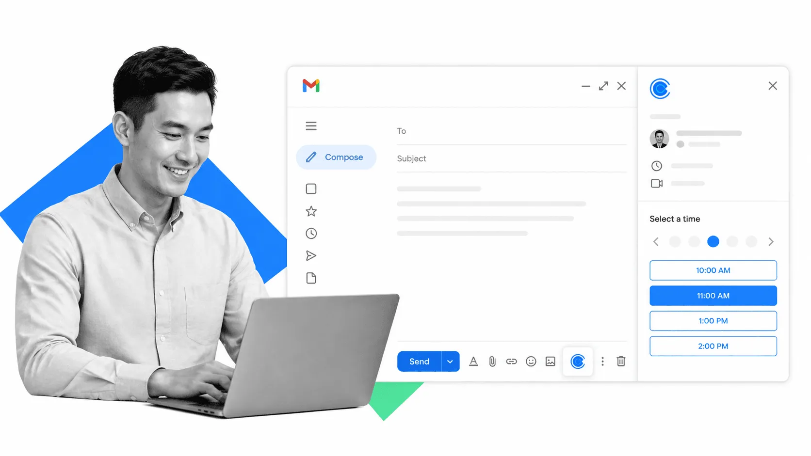 Illustration of scheduling meetings from Gmail with a Calendly booking panel and open time slots