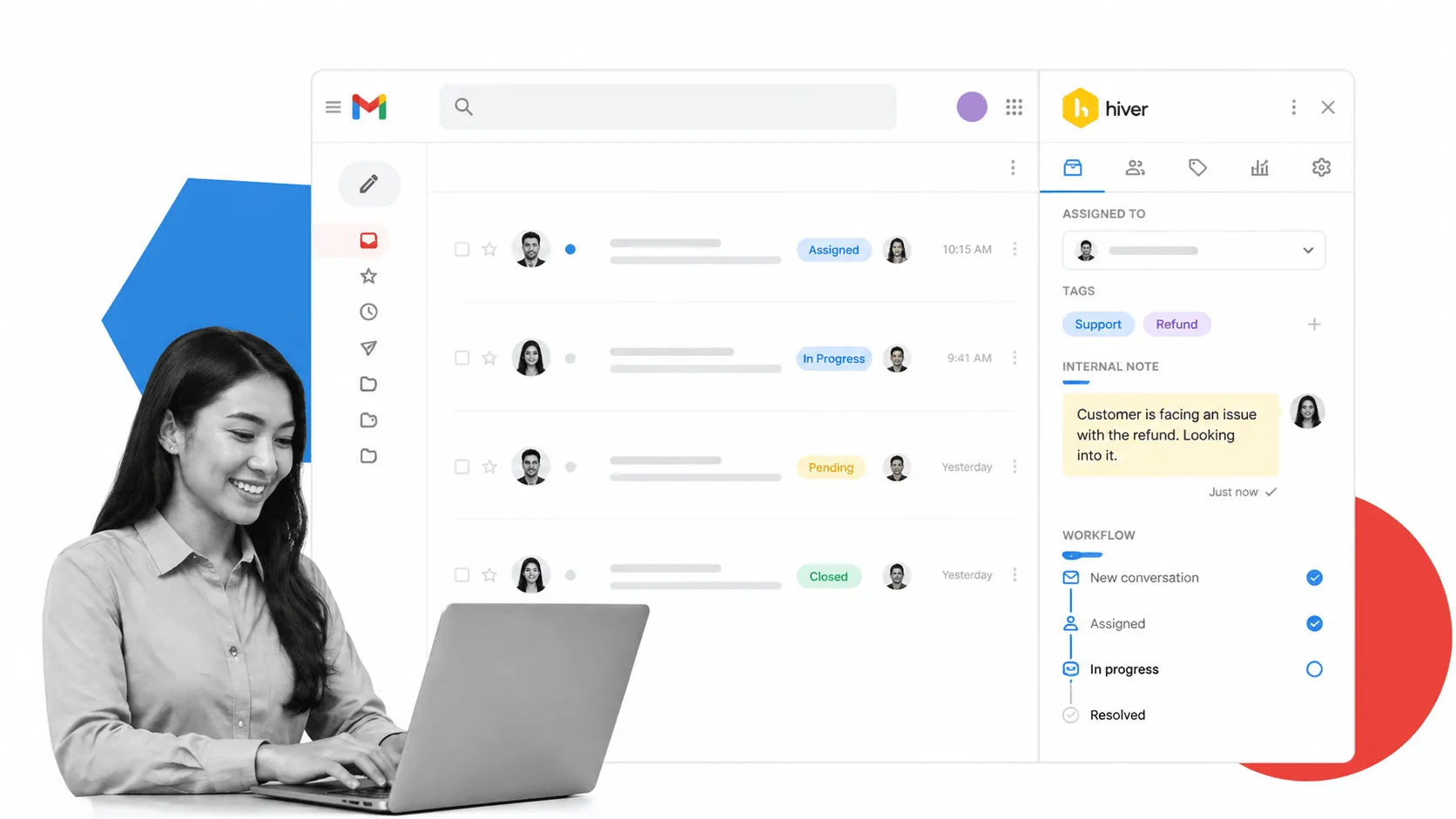 Illustration of a support team collaborating in a shared Gmail inbox with assignments and internal notes