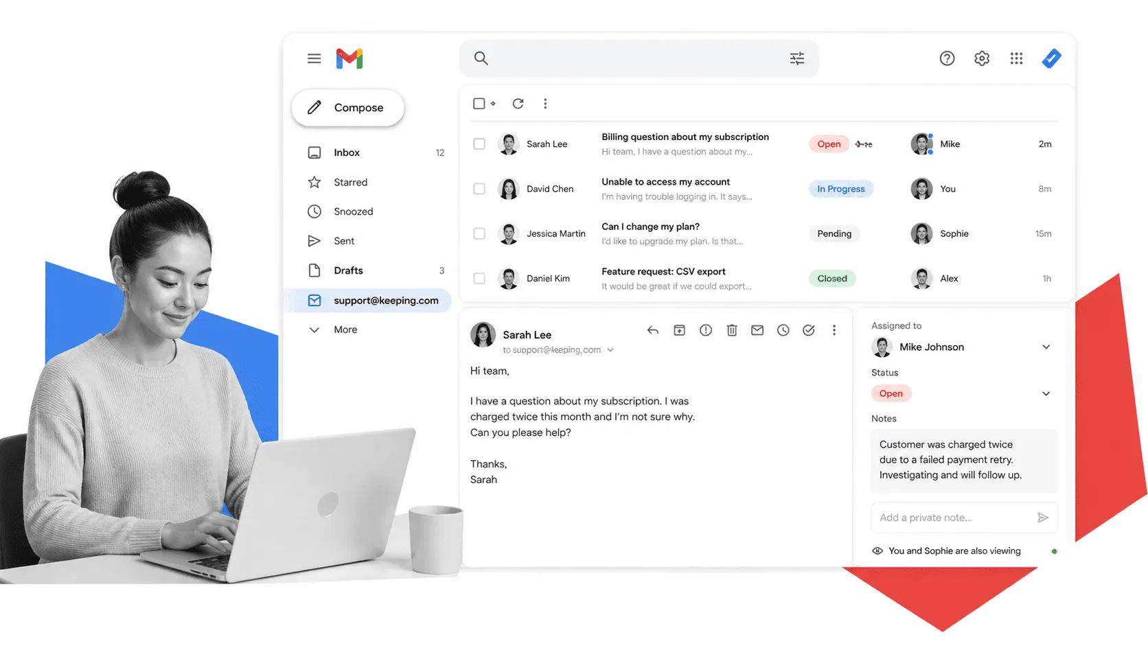 Illustration of a Gmail help desk workflow with routed support emails and team collaboration