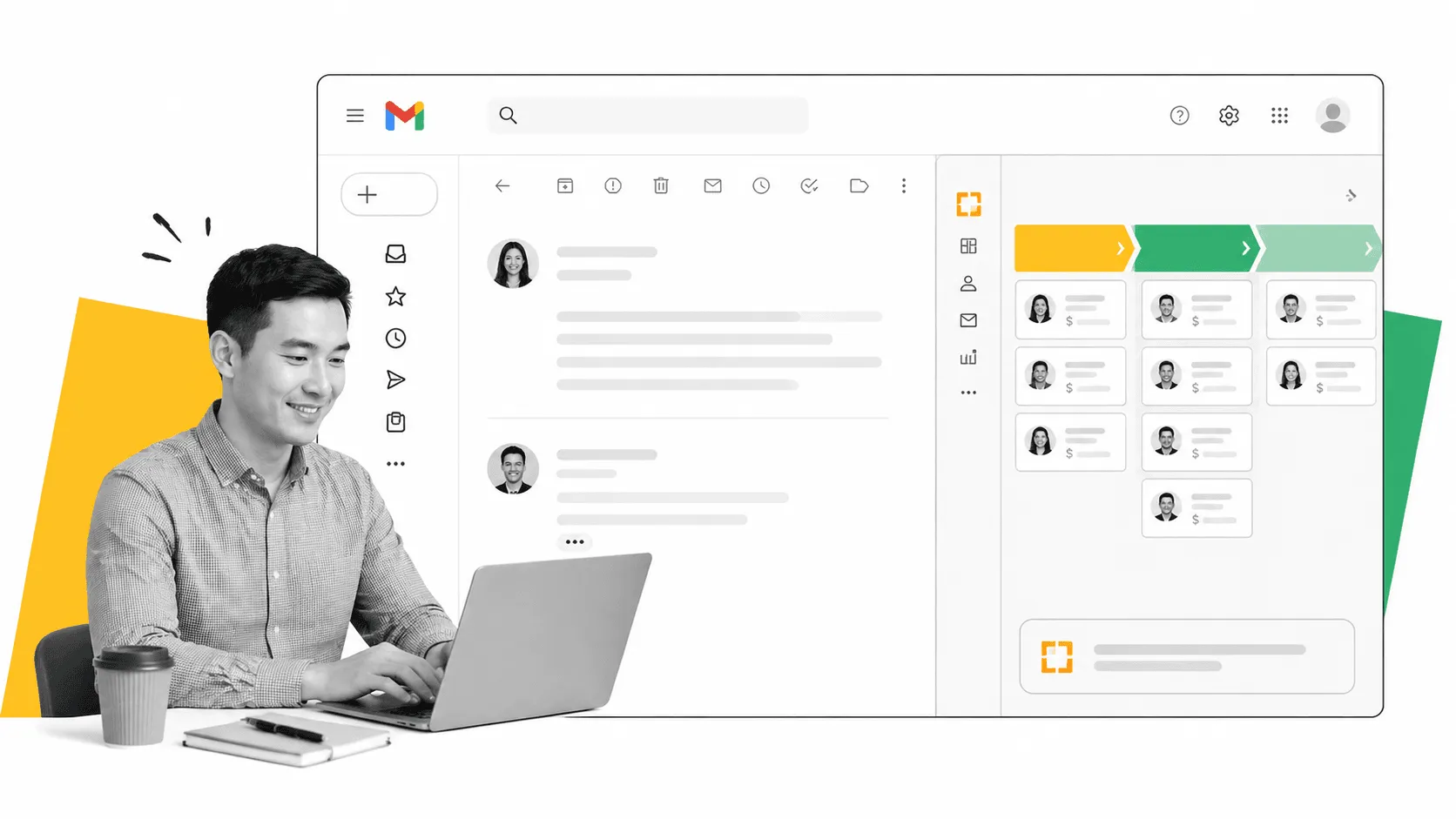 Illustration of a Gmail inbox connected to a Streak-style CRM pipeline for lightweight deal tracking