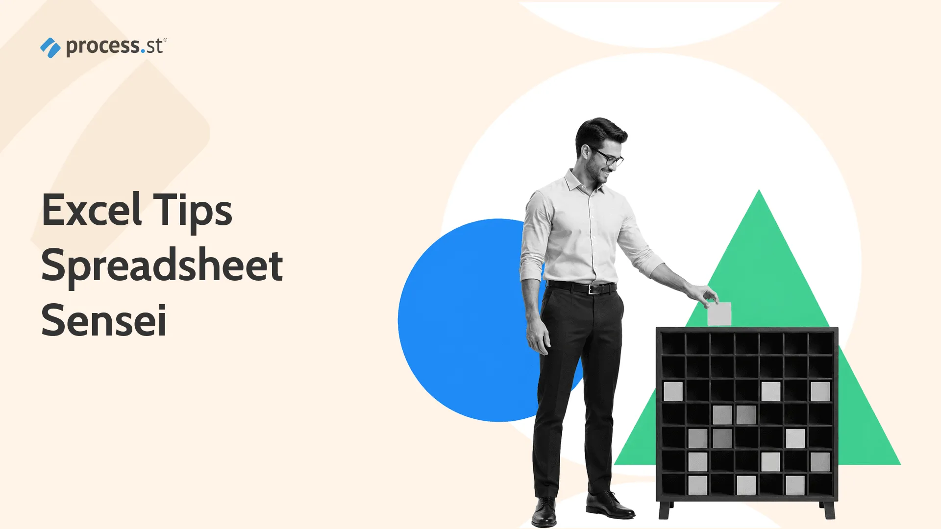 Black-and-white analyst organizing a physical spreadsheet grid for Excel tips and workflow automation.