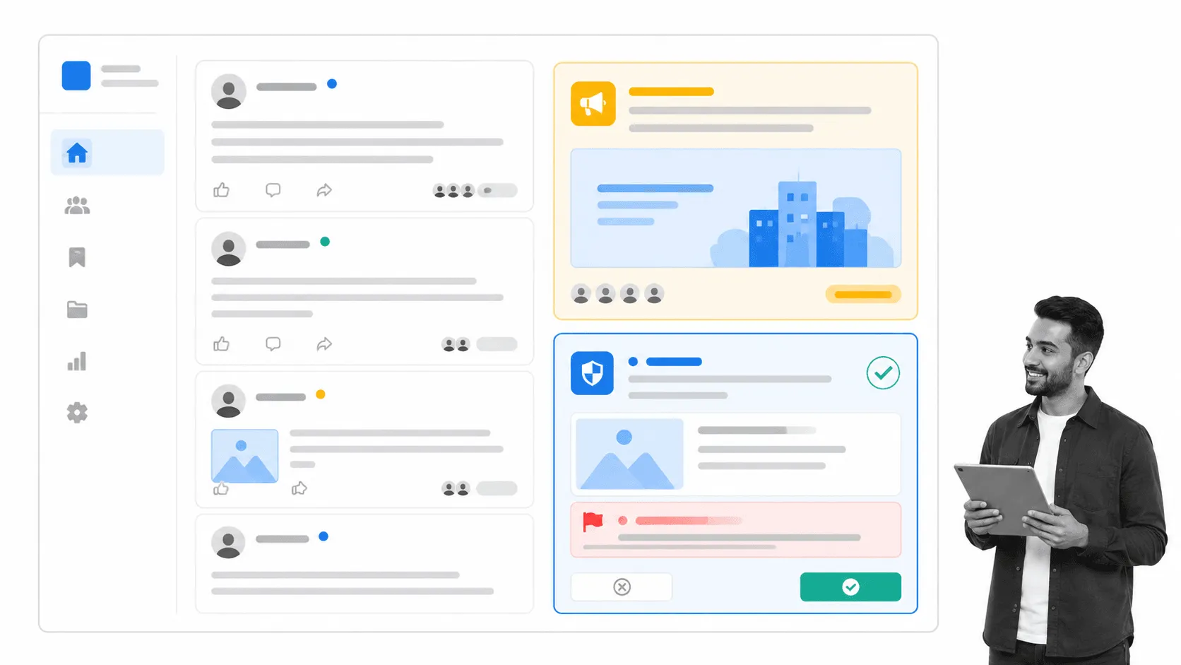 Company social feed with announcement and moderation review
