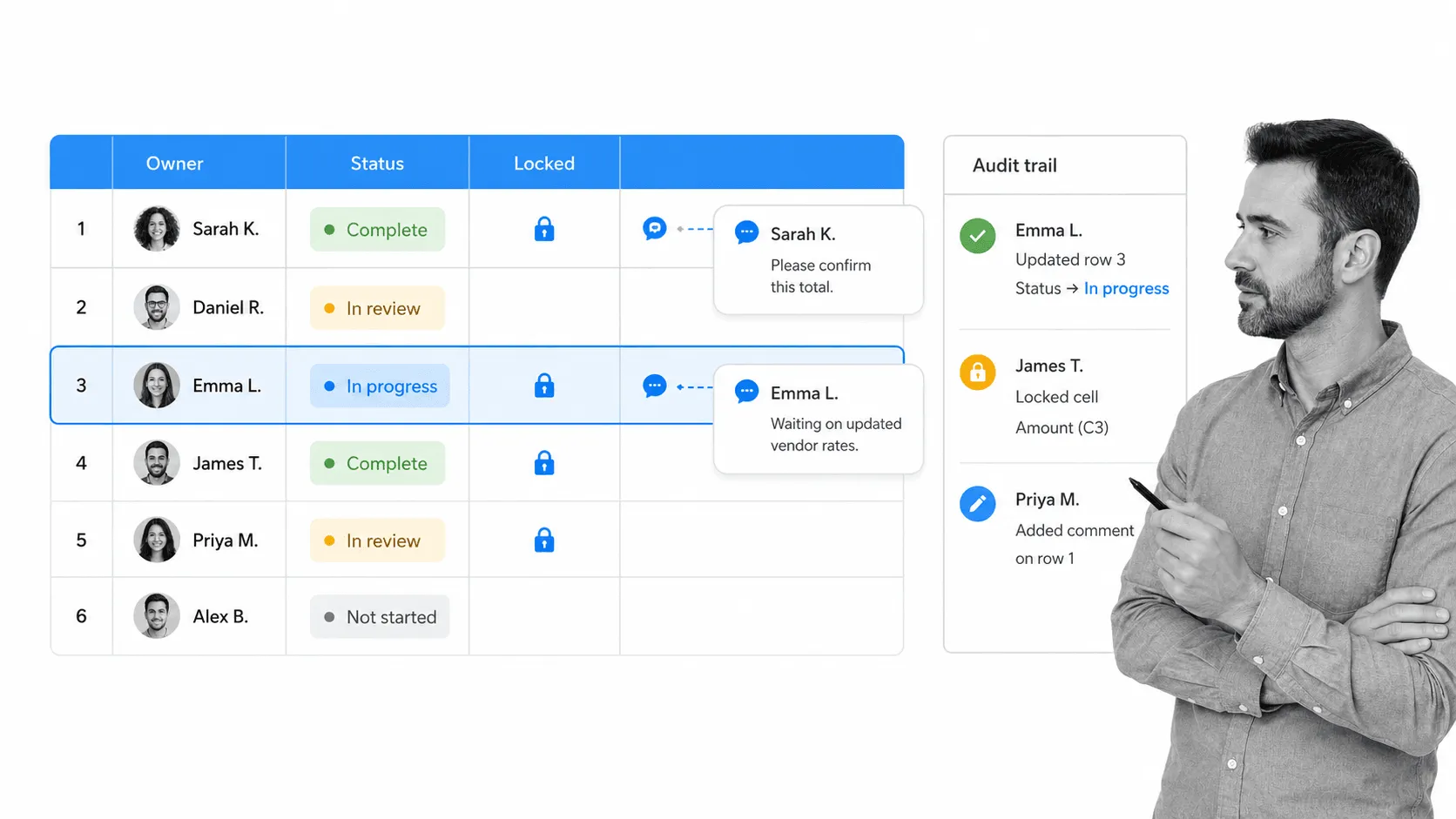Collaborative spreadsheet grid with comments and audit trail