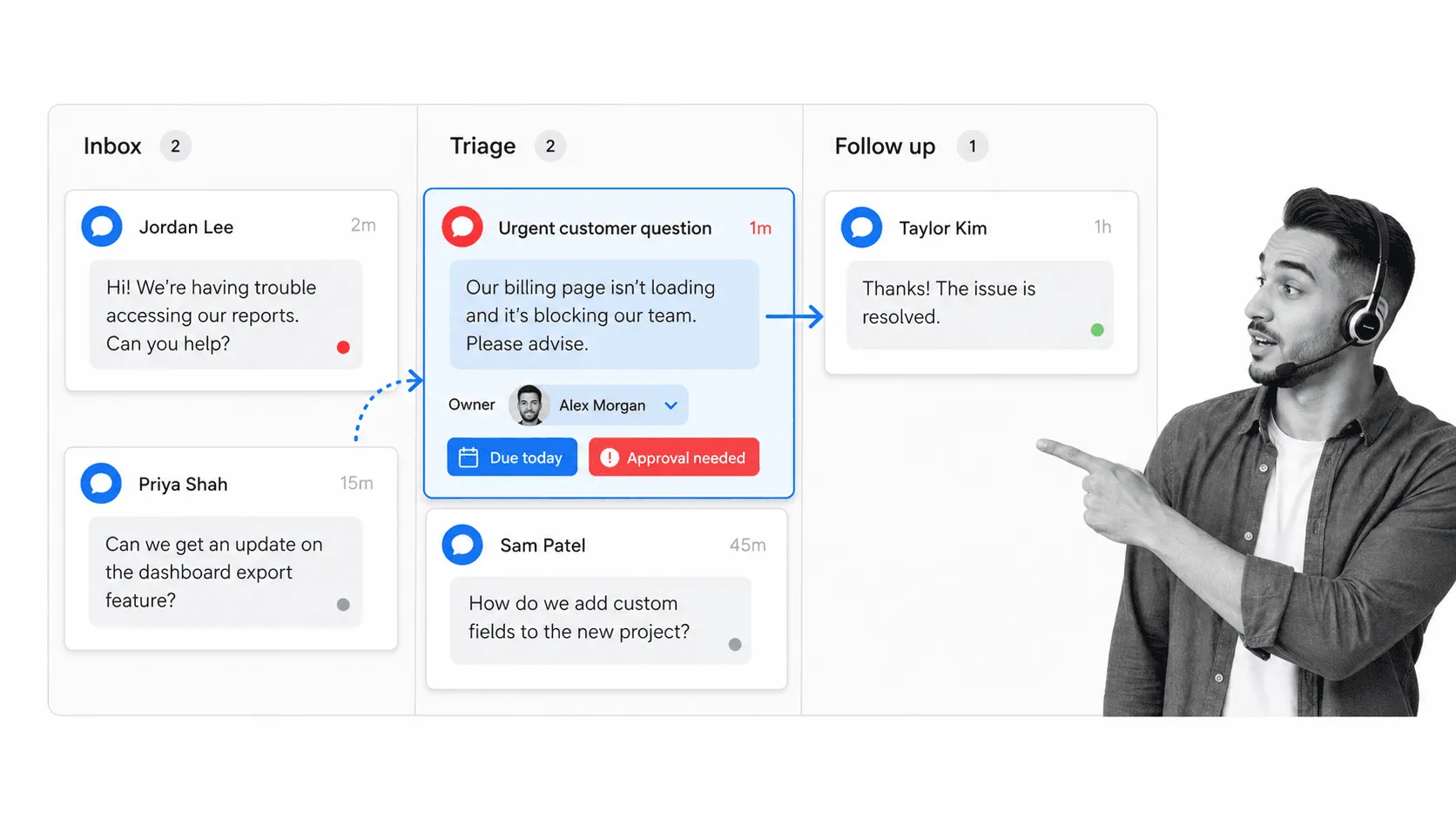 Team chat decision flow with threaded handoff surface