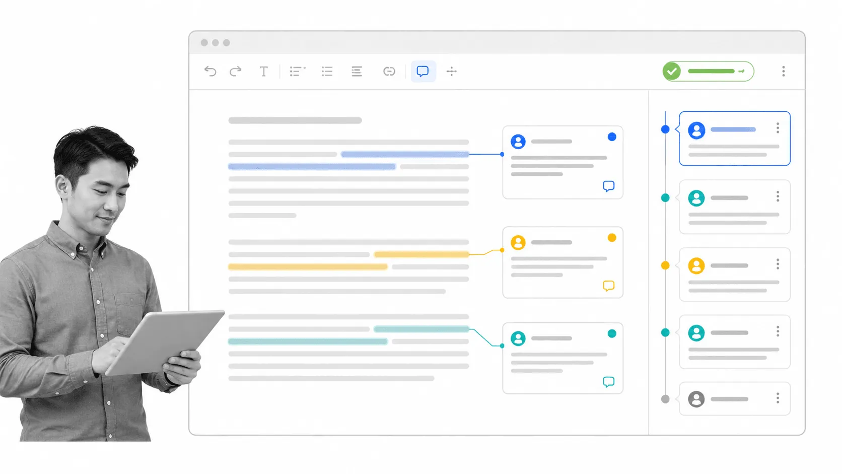 Writing collaboration document editor with comments and approval state