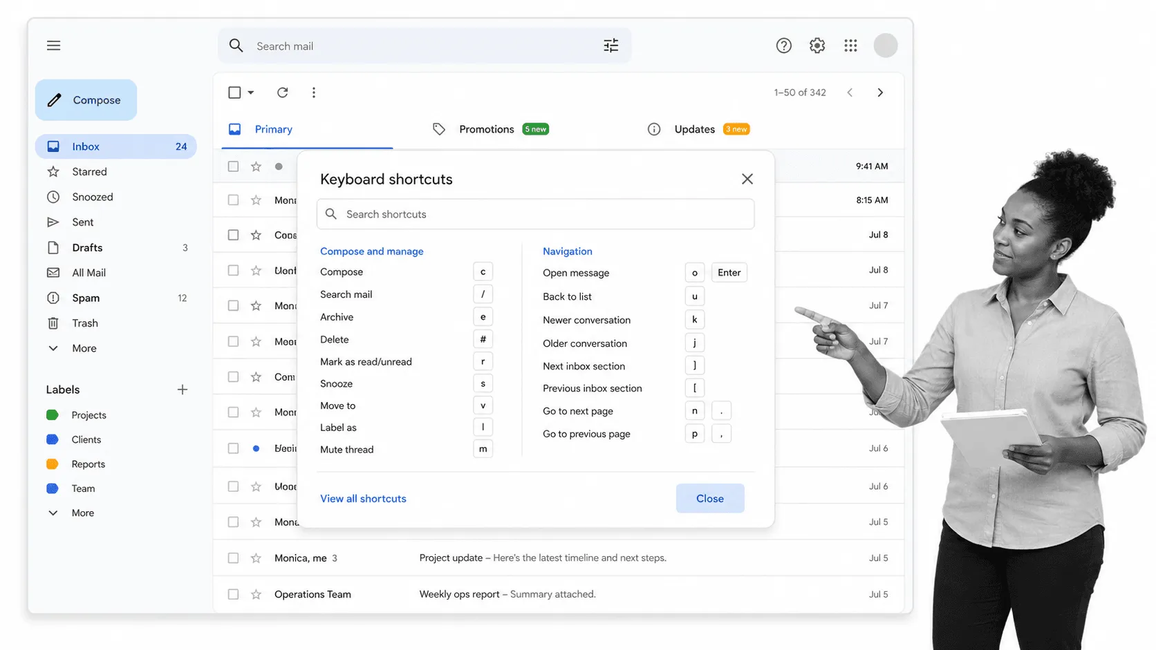 Gmail tip 1 inline visual showing a focused email productivity surface with a black and white operator.