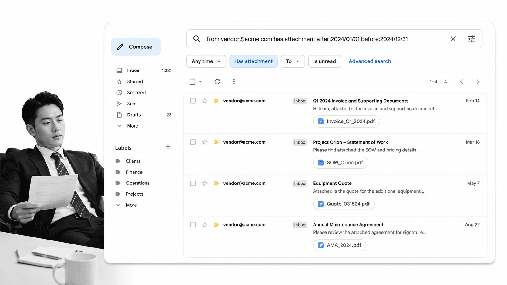 Gmail tip 4 inline visual showing a focused email productivity surface with a black and white operator.