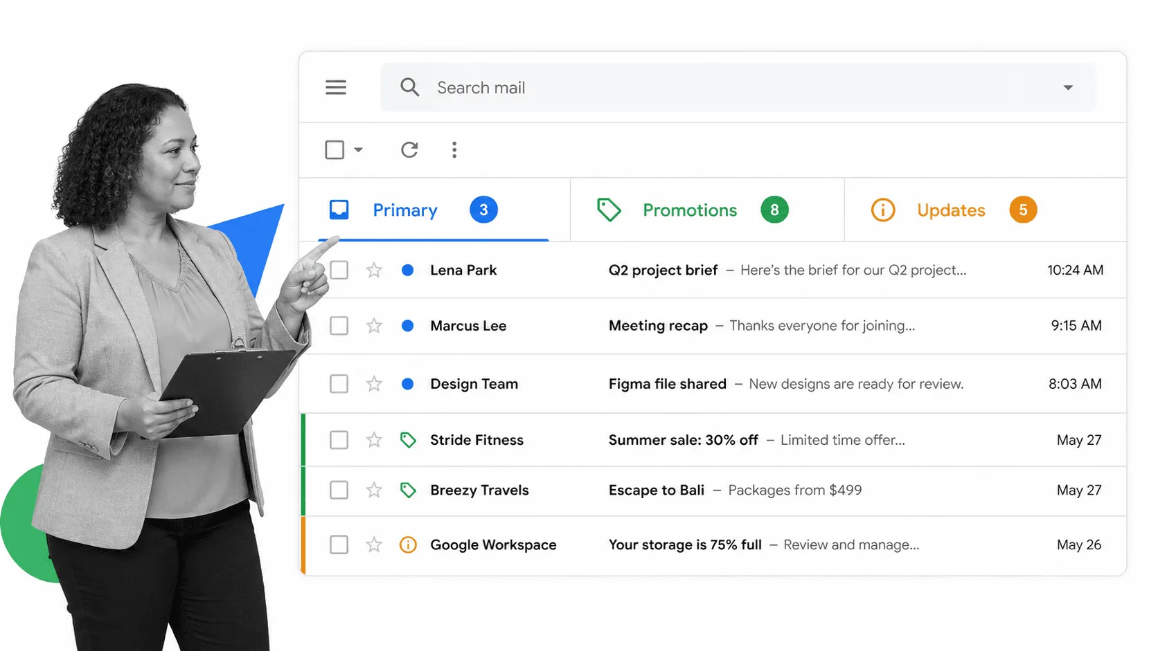Gmail tip 7 inline visual showing a focused email productivity surface with a black and white operator.