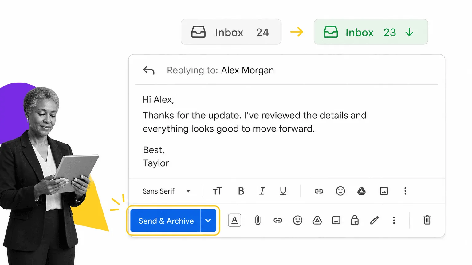 Gmail tip 10 inline visual showing a focused email productivity surface with a black and white operator.