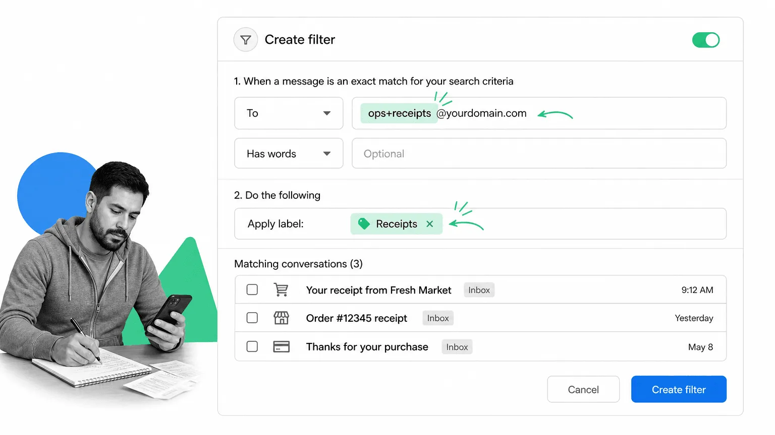 Gmail tip 11 inline visual showing a focused email productivity surface with a black and white operator.