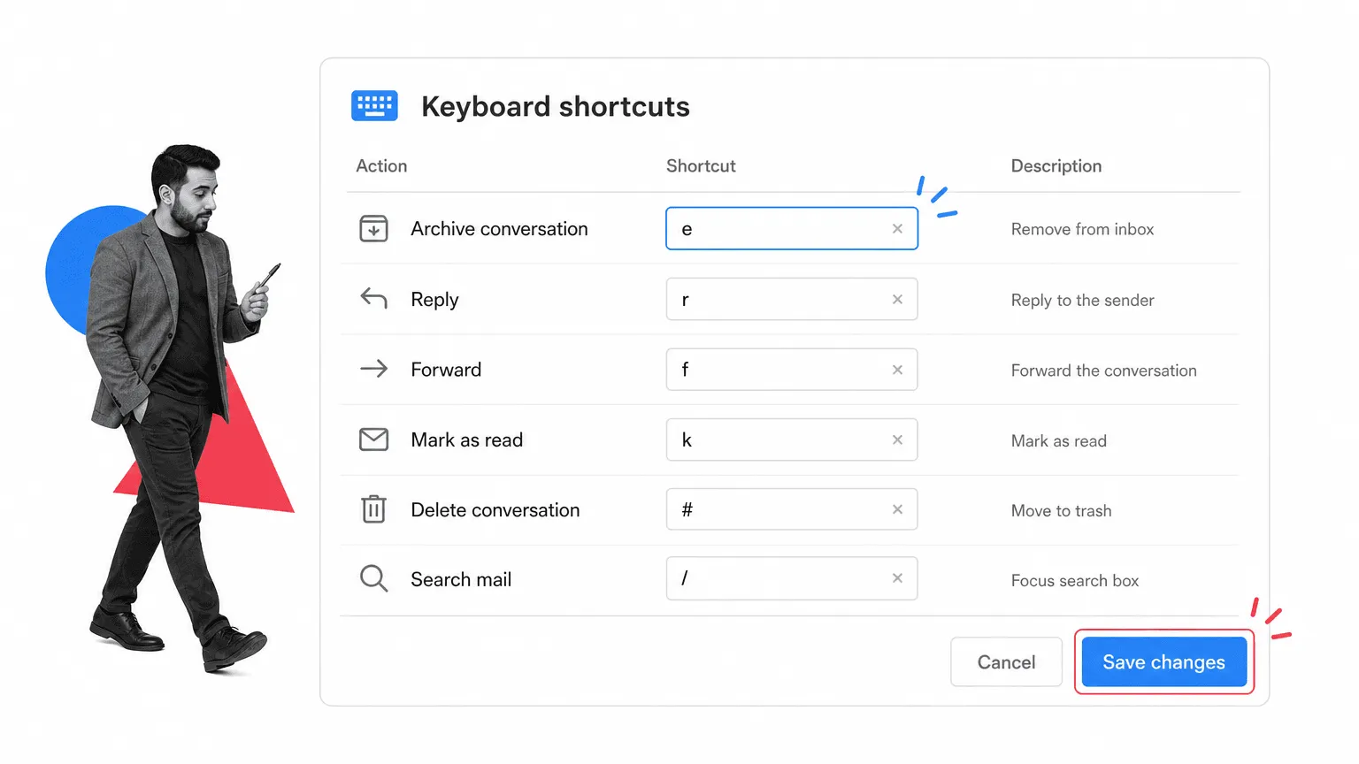 Gmail tip 14 inline visual showing a focused email productivity surface with a black and white operator.