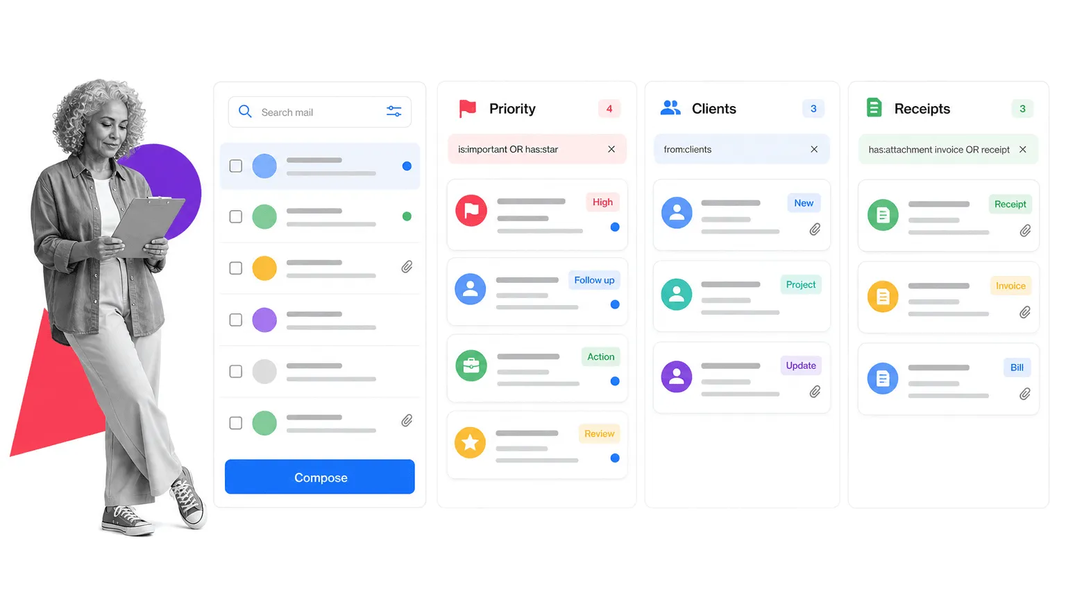 Gmail tip 15 inline visual showing a focused email productivity surface with a black and white operator.