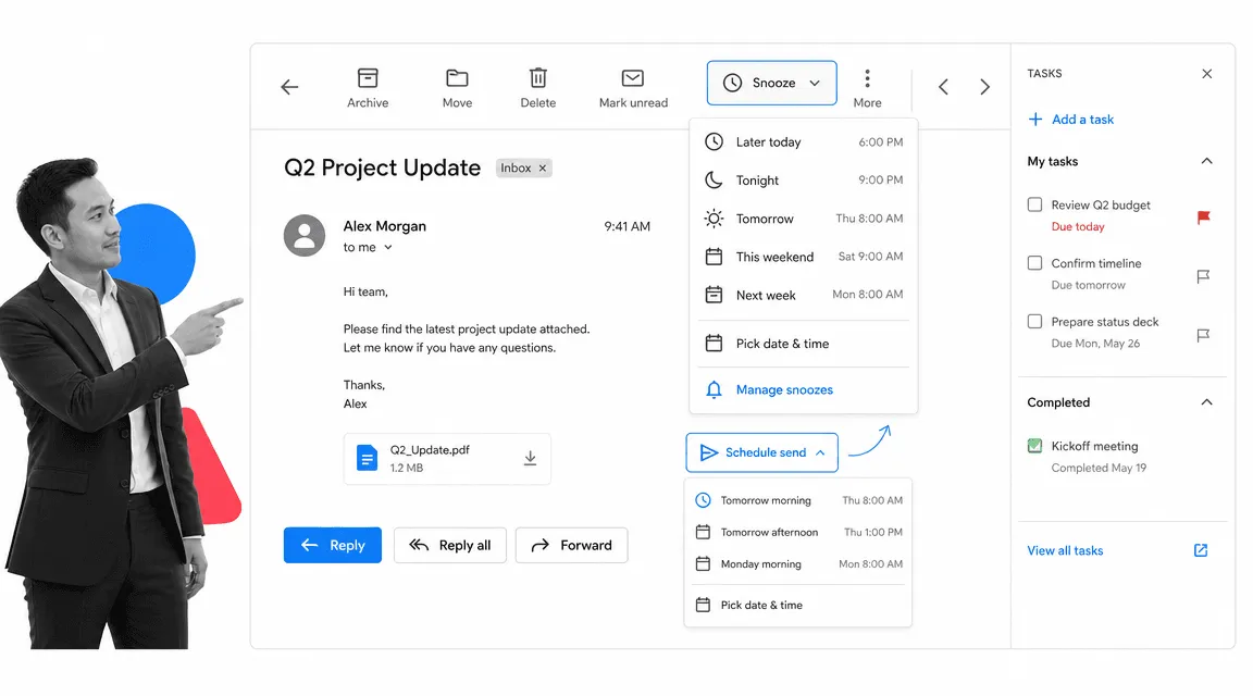 Gmail tip 16 inline visual showing a focused email productivity surface with a black and white operator.