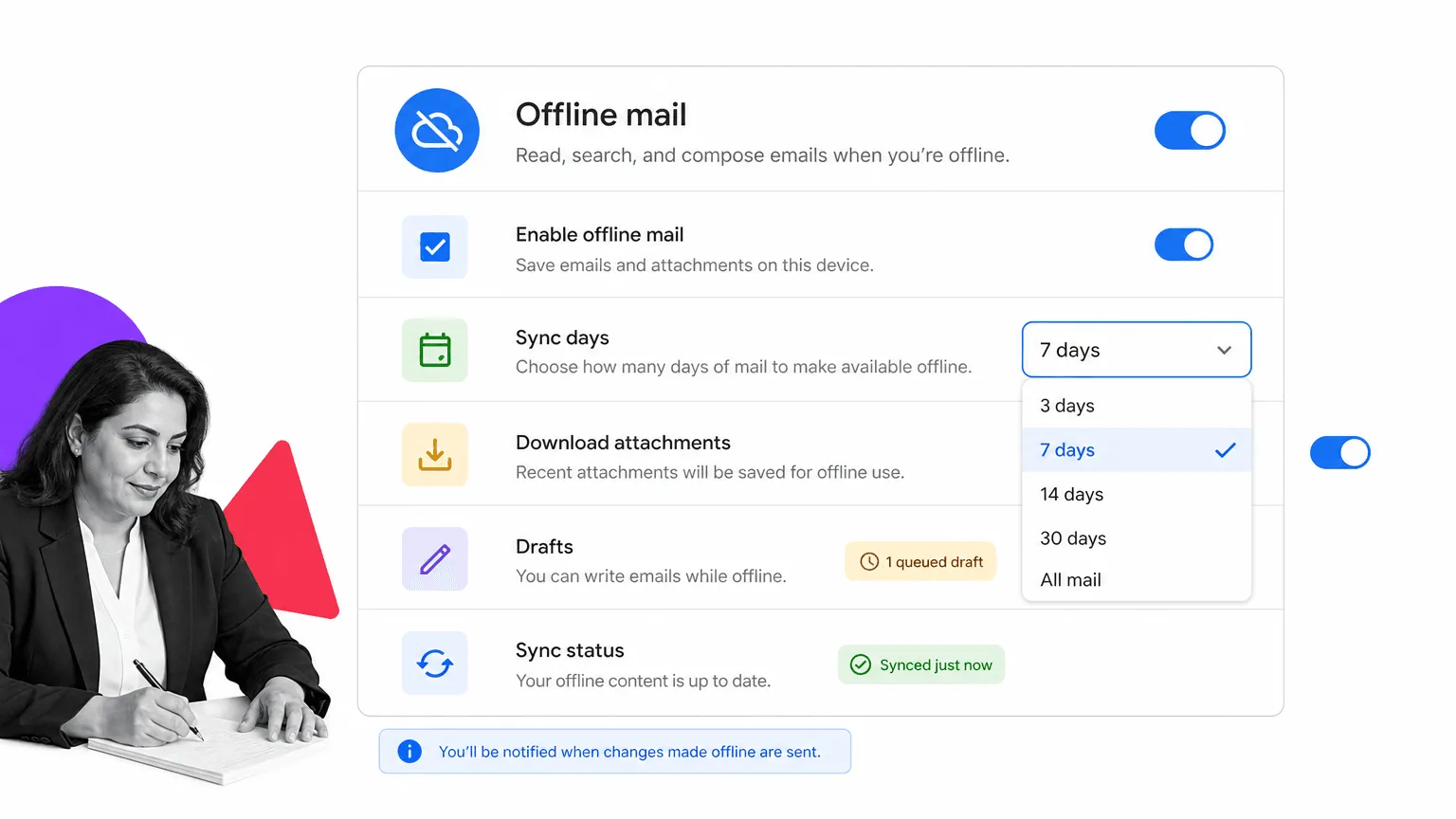 Gmail tip 22 inline visual showing a focused email productivity surface with a black and white operator.
