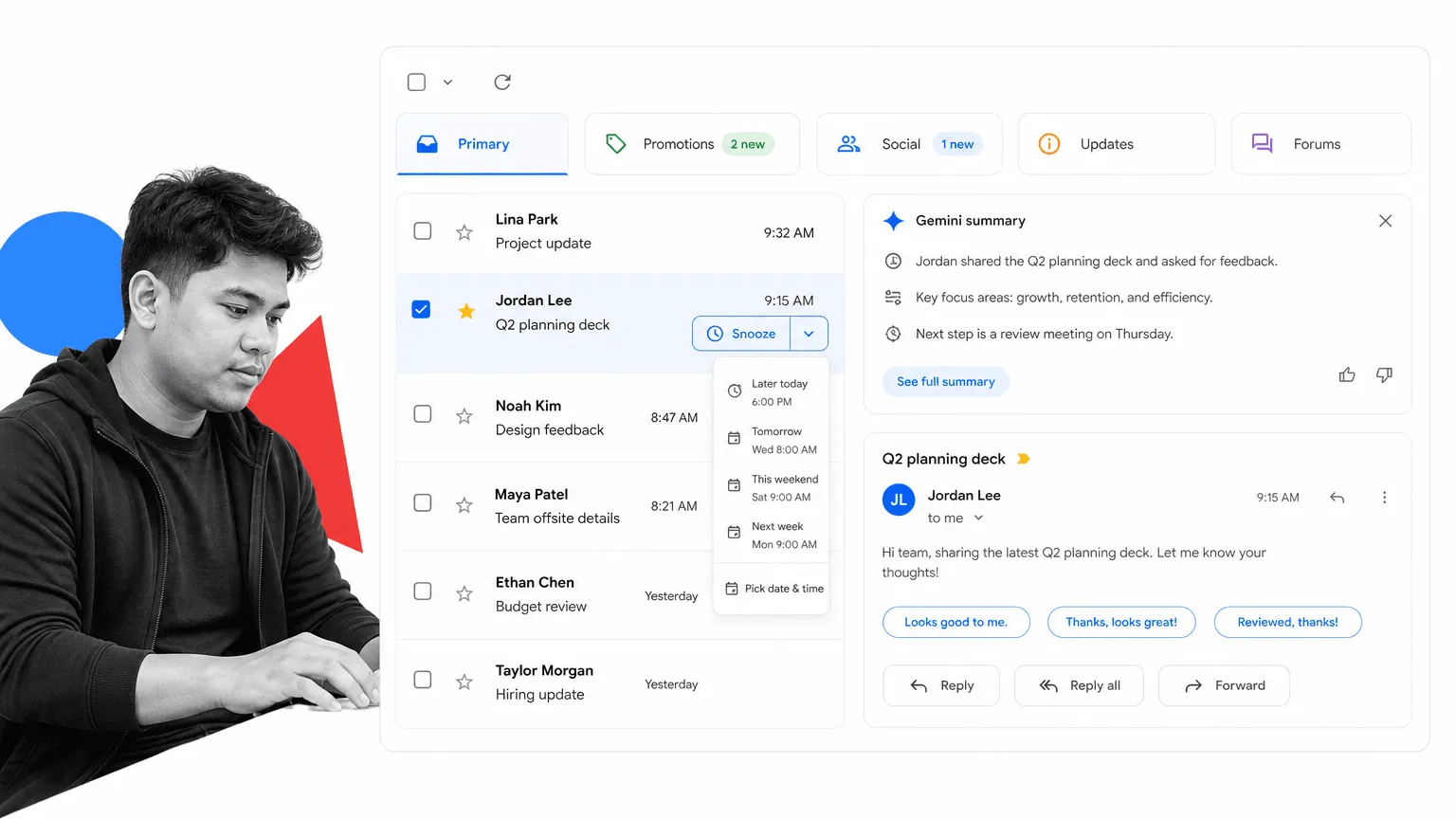 Gmail tip 24 inline visual showing a focused email productivity surface with a black and white operator.