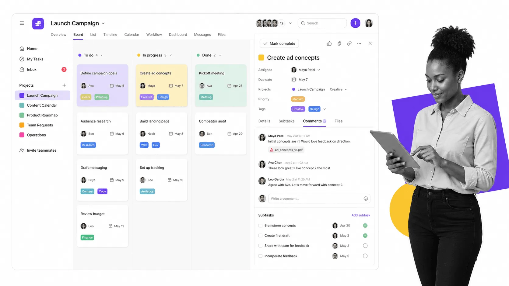 Asana-style project board with task comments replacing email threads