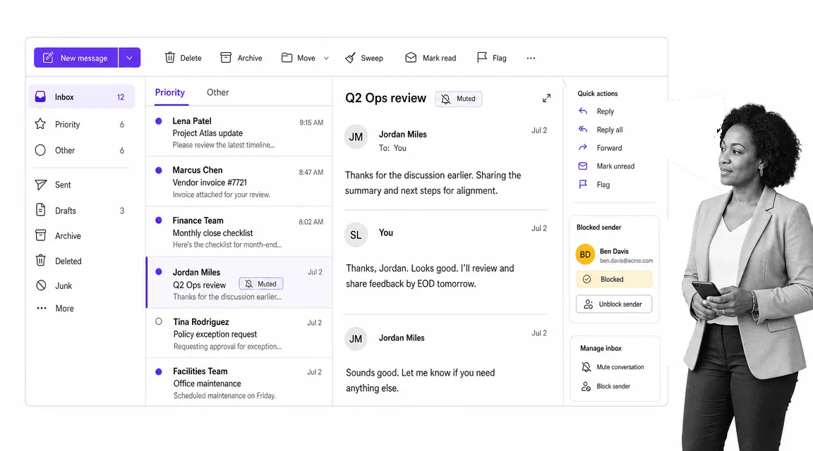 Outlook tips image showing a muted conversation and blocked sender controls