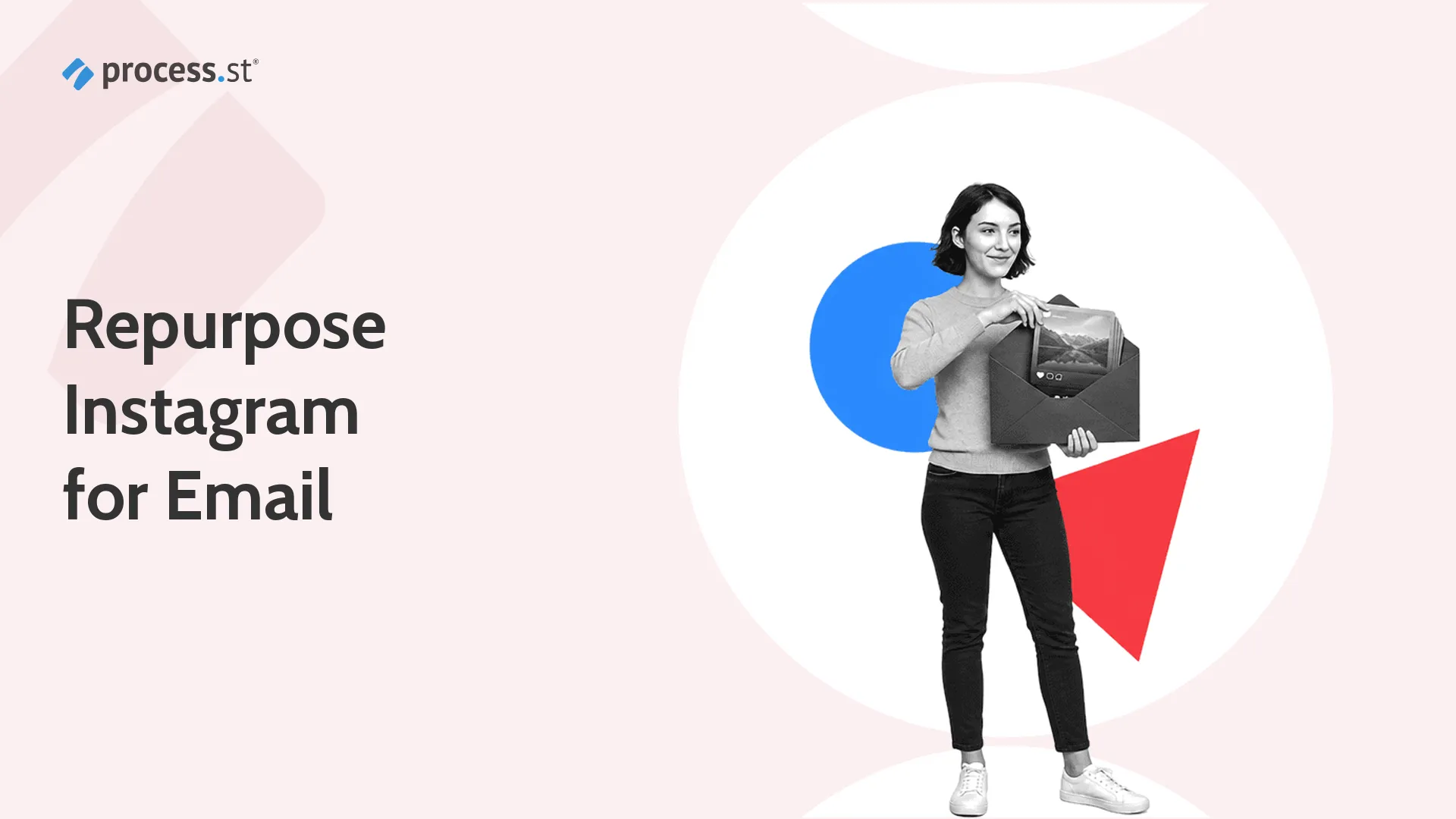 Black-and-white email marketer placing Instagram-style photo cards into an email envelope for a campaign