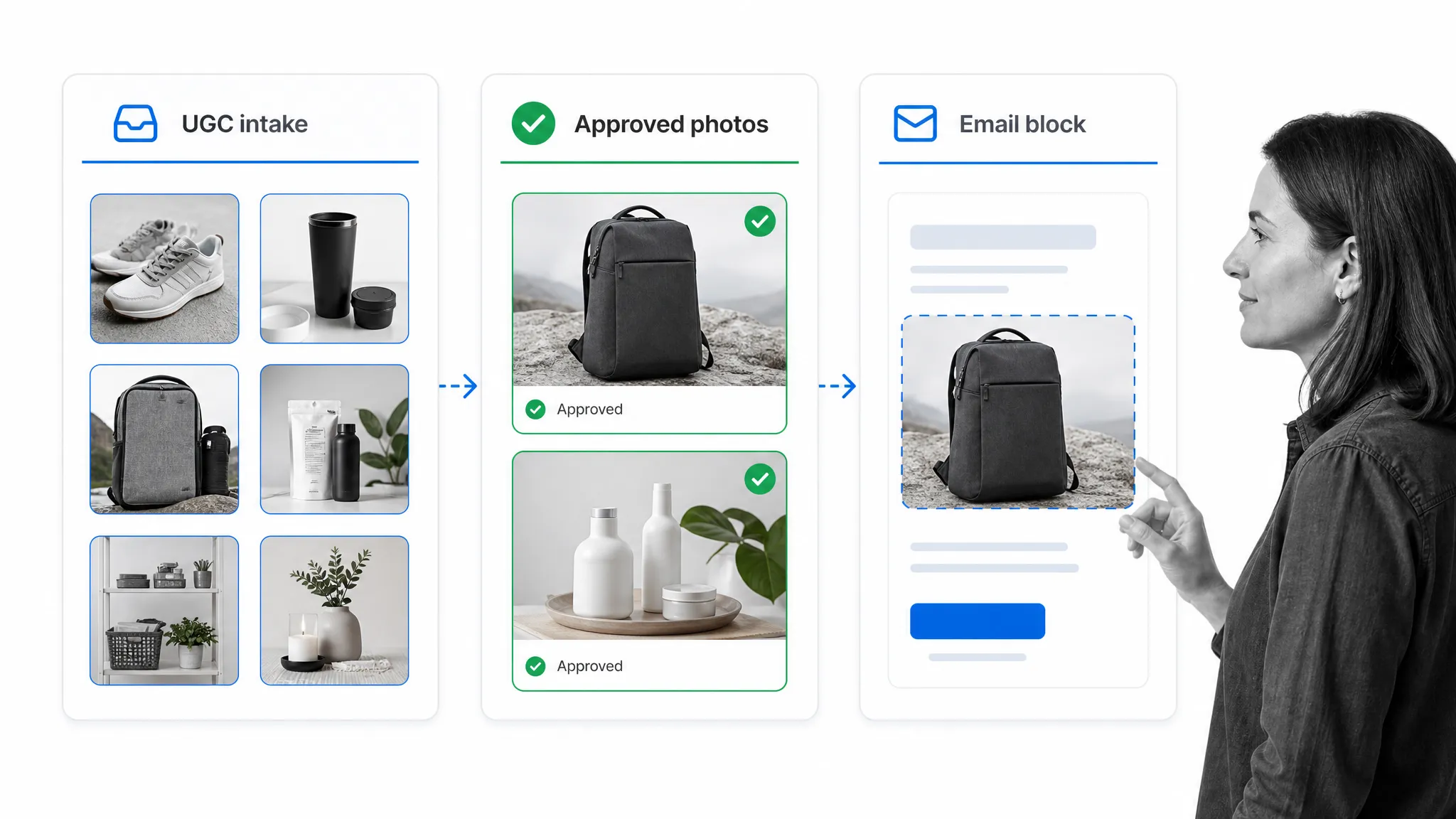 Email marketer reviewing approved user-generated content before adding it to an email campaign