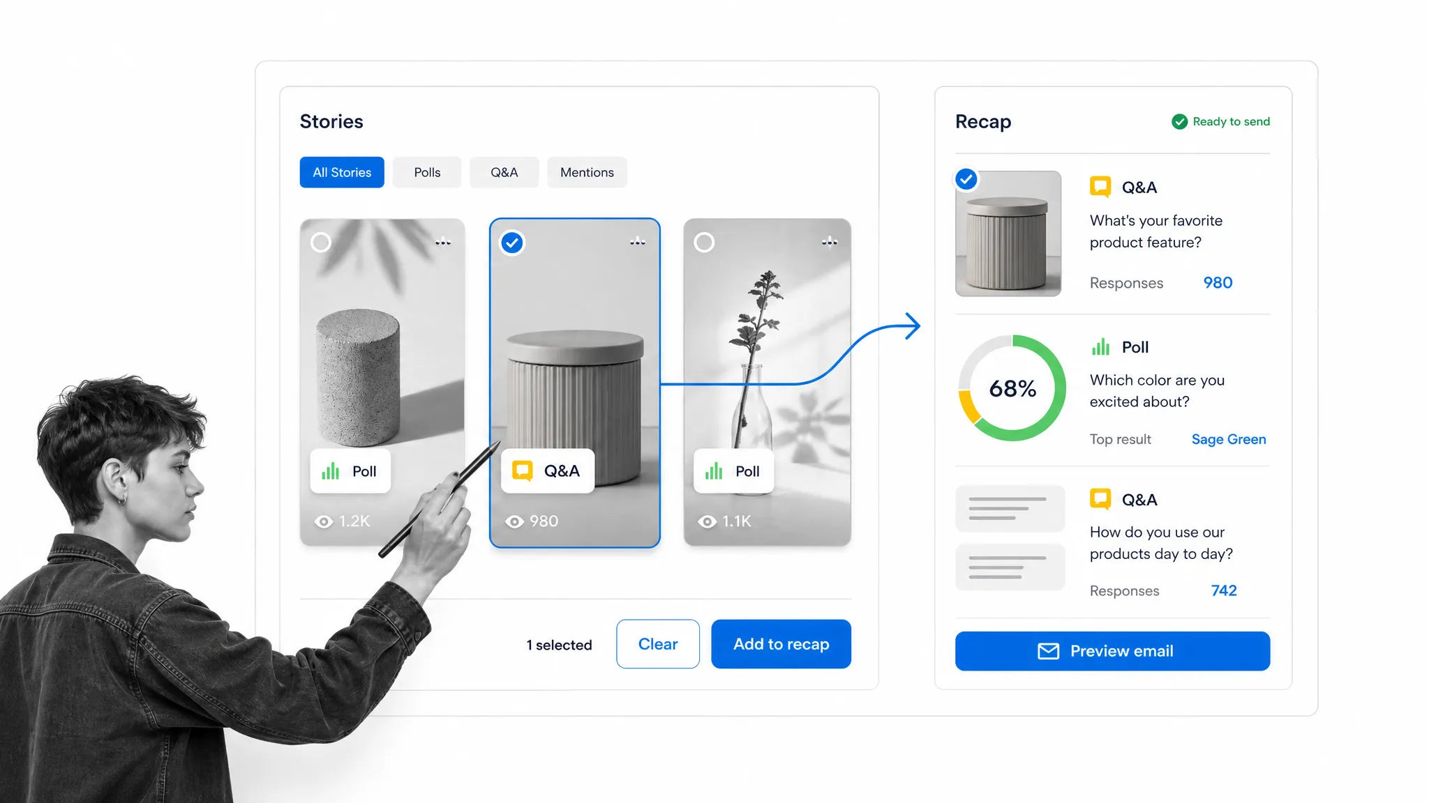 Email marketer organizing Instagram Stories responses into a recap newsletter module