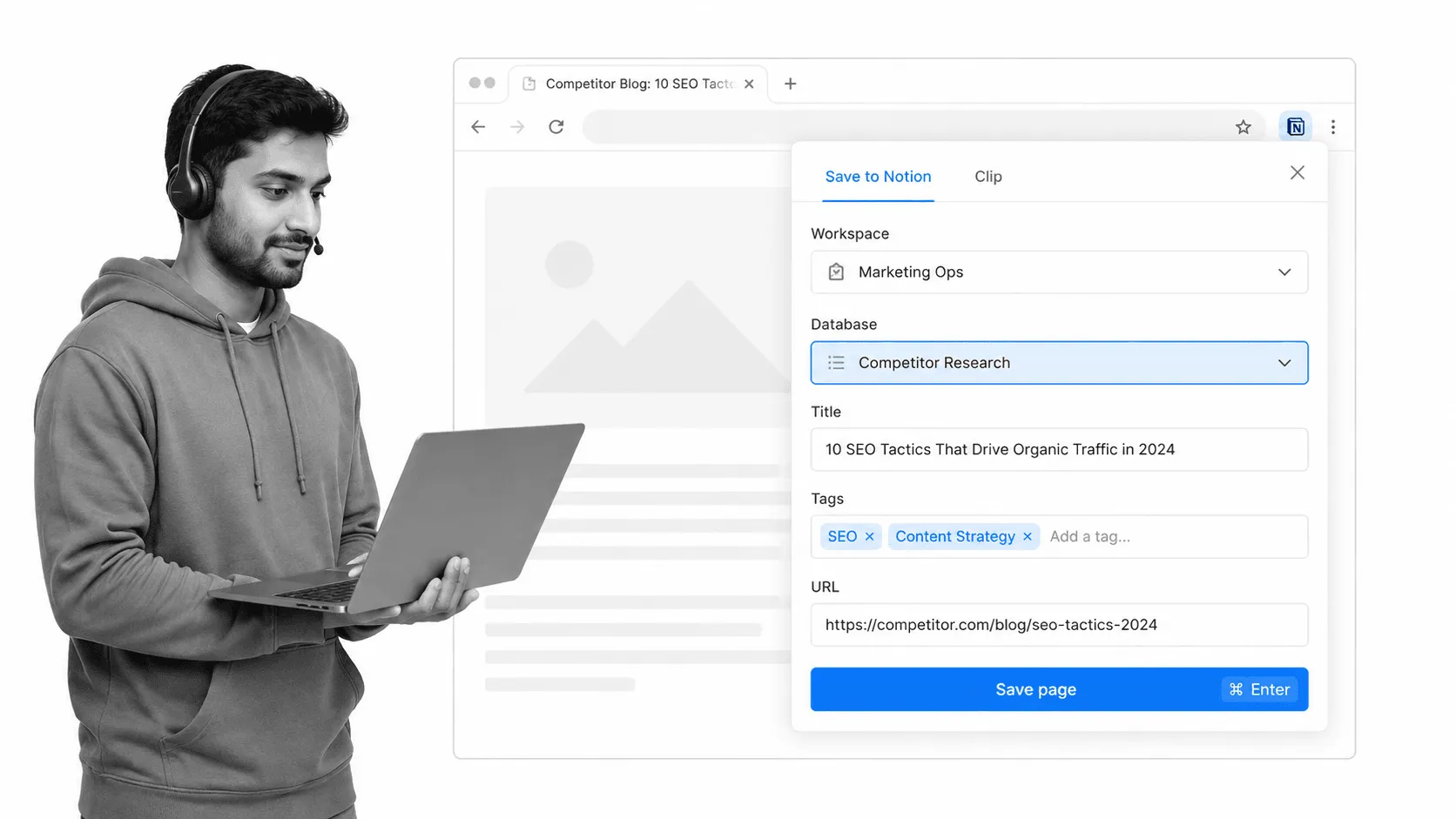 Notion Web Clipper browser workflow for digital marketers