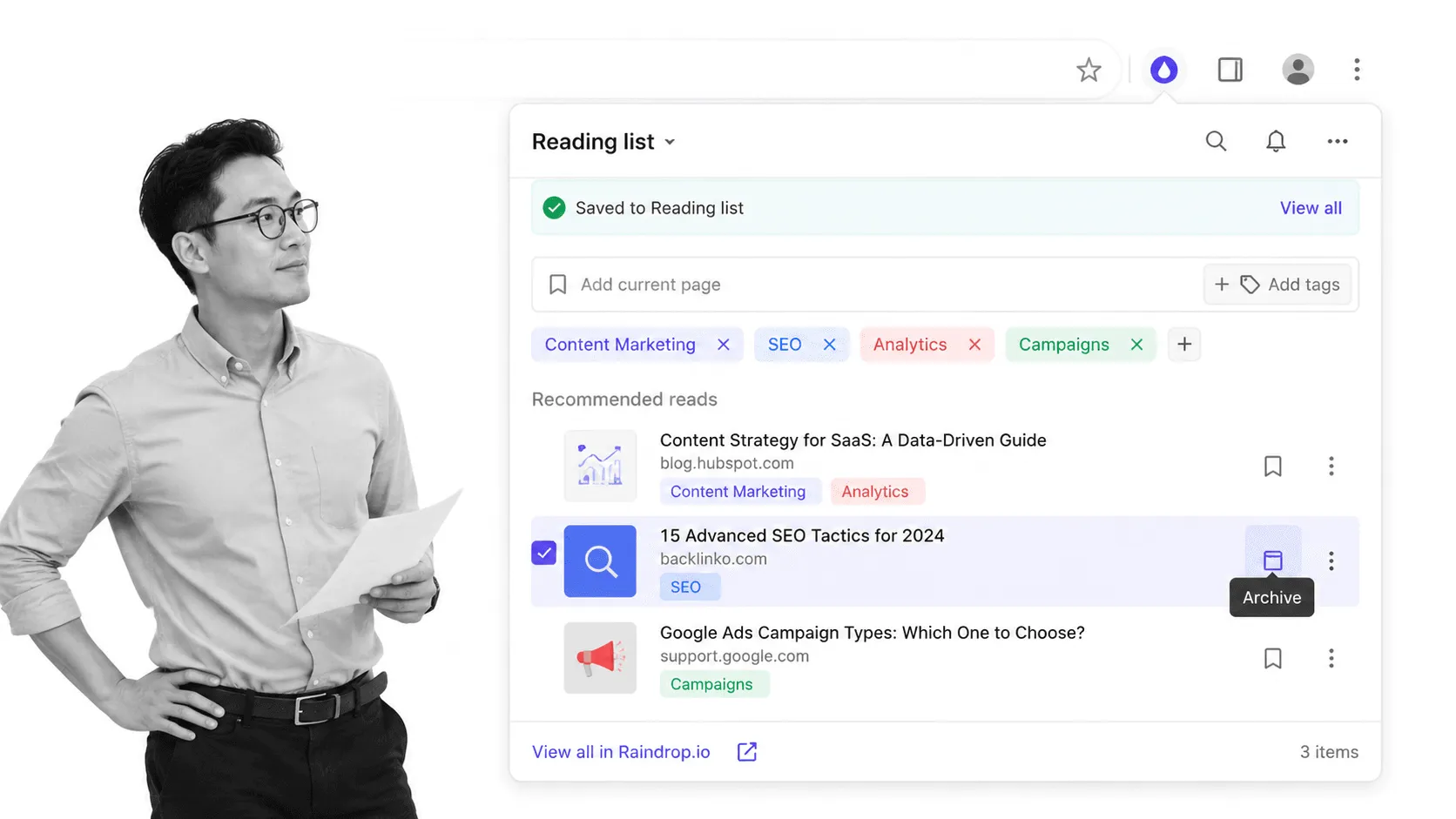 Raindrop.io browser workflow for digital marketers