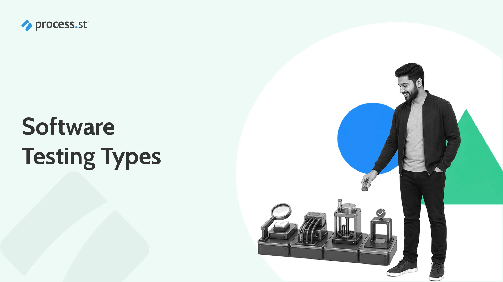 Software testing types illustrated with a QA engineer and test system model
