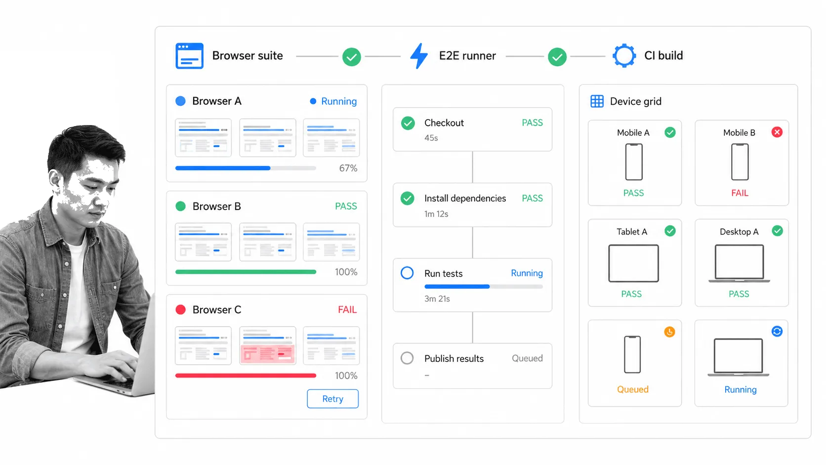 Automated testing toolchain with browser tests and CI pipeline