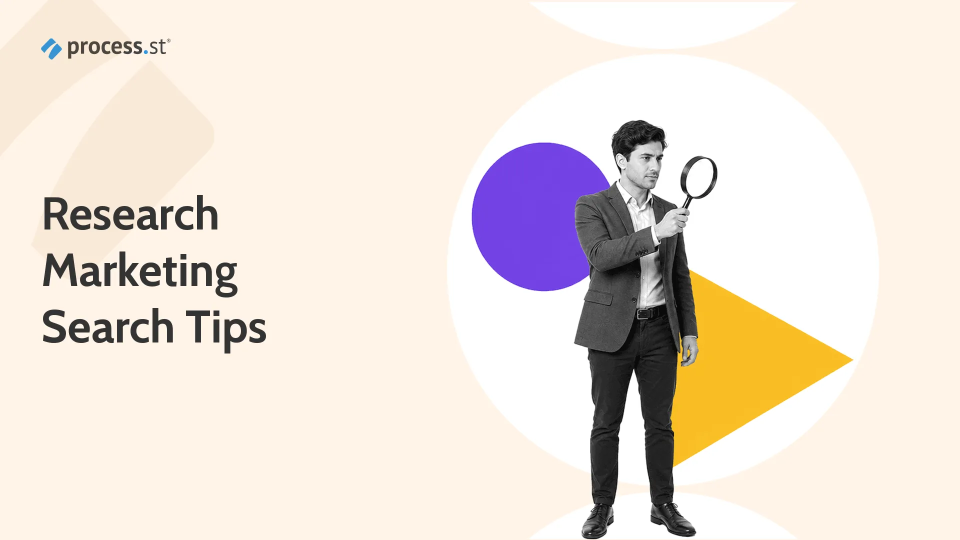 Black-and-white research analyst using a magnifying glass for research marketing search tips