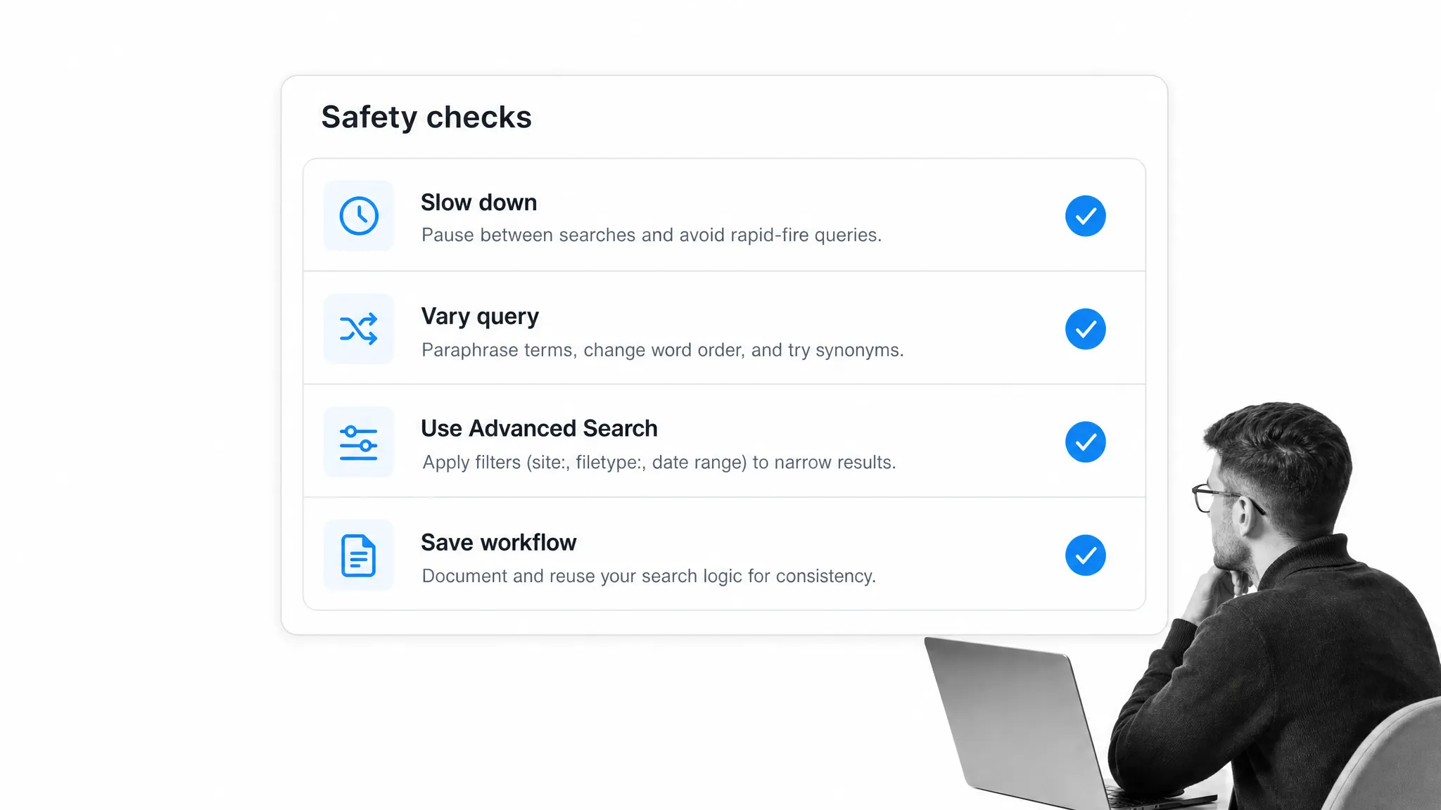 Safety checklist for advanced Google searches and reusable research workflows