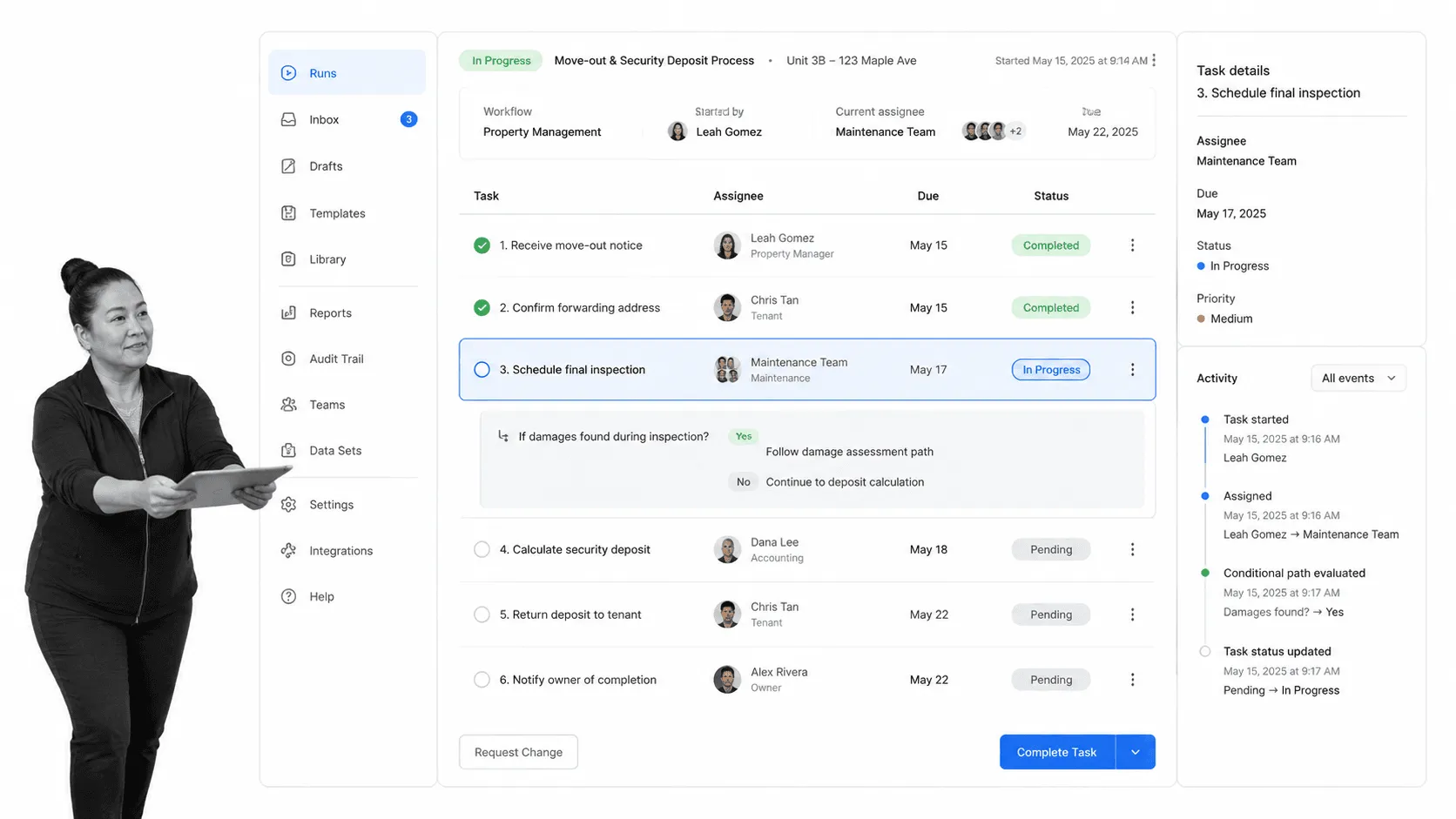 Property management resource workflow with task status and activity details