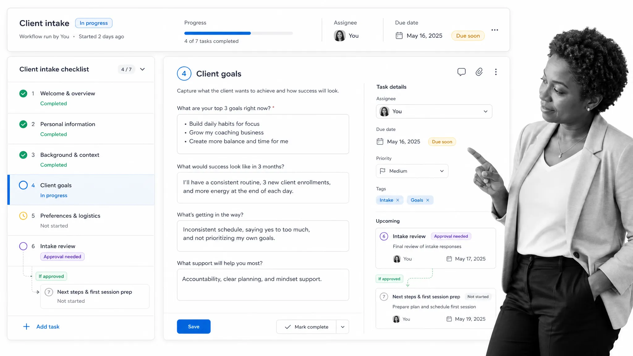 Life coach reviewing client intake questions in a workflow dashboard
