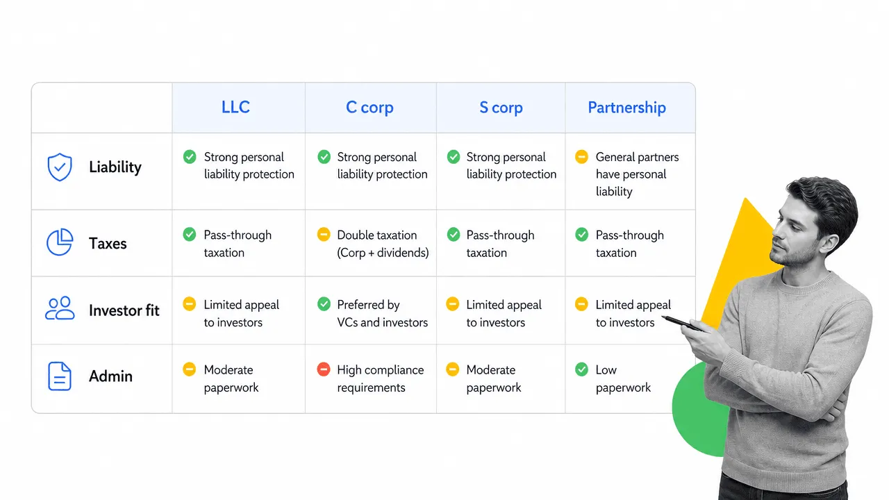 Entity choice matrix comparing LLC, C corp, S corp, and partnership for startup legal structure decisions