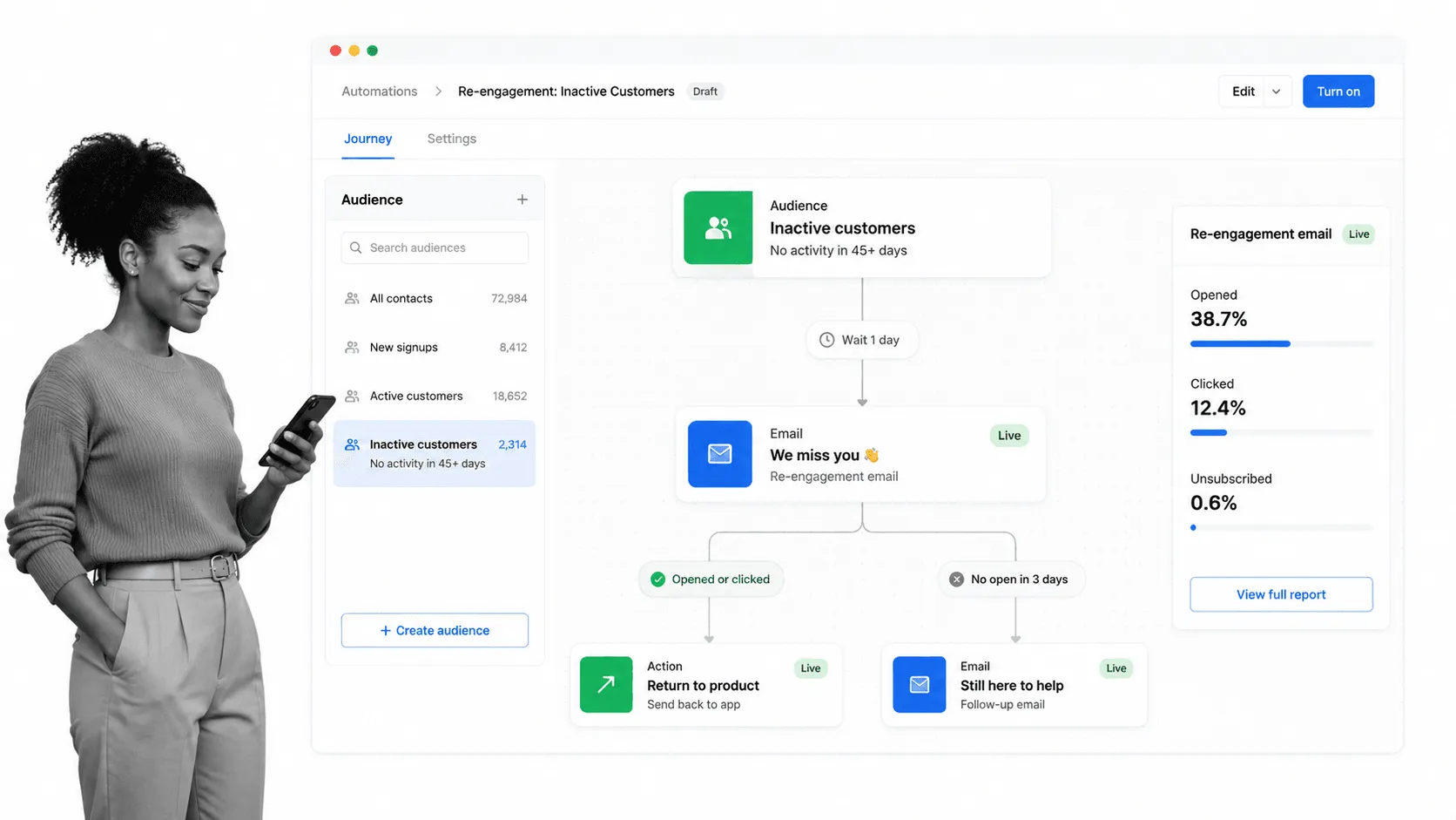 Lifecycle email automation dashboard for re-engaging inactive SaaS customers