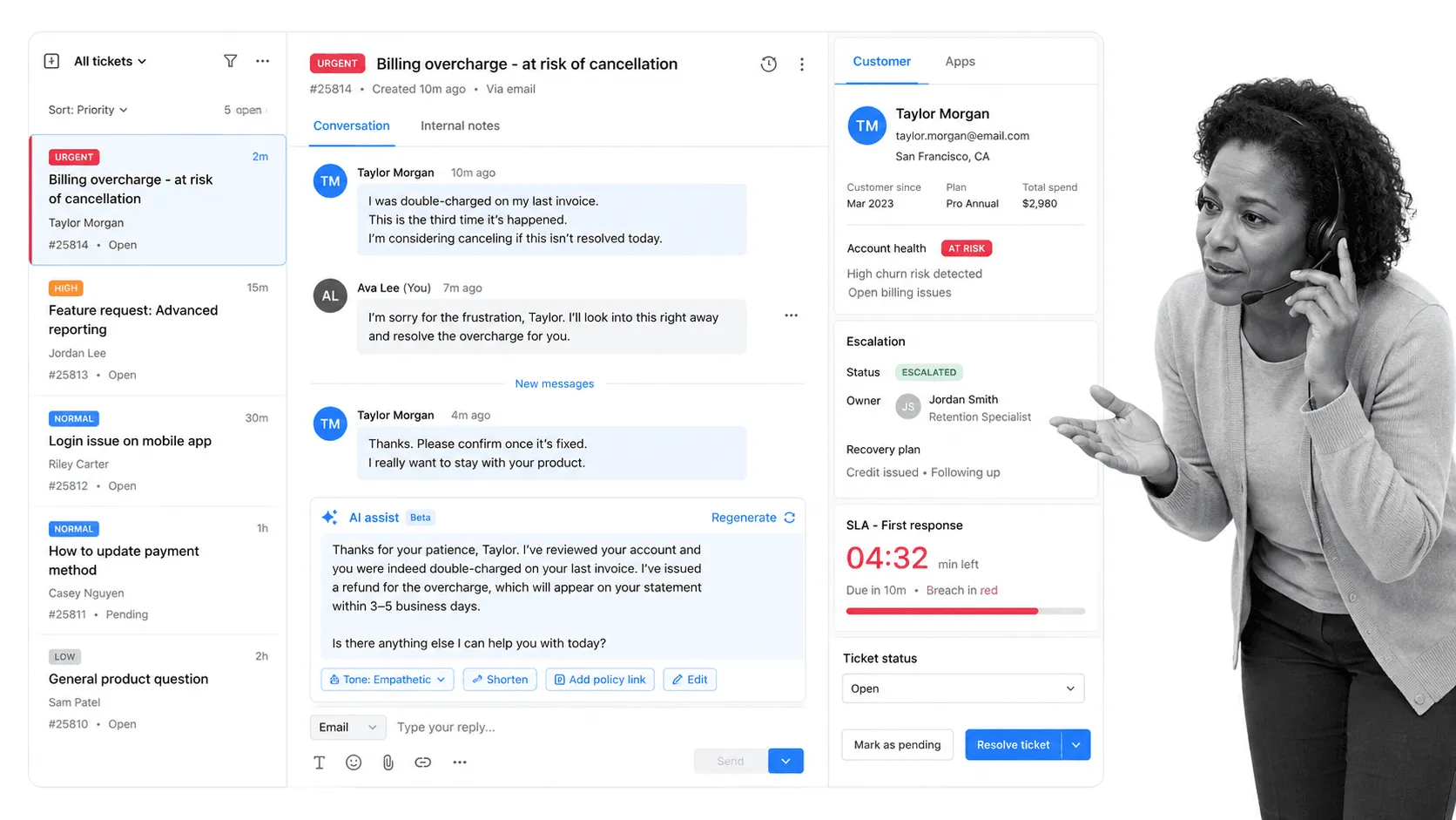 Support ticket dashboard showing response priority and customer recovery work